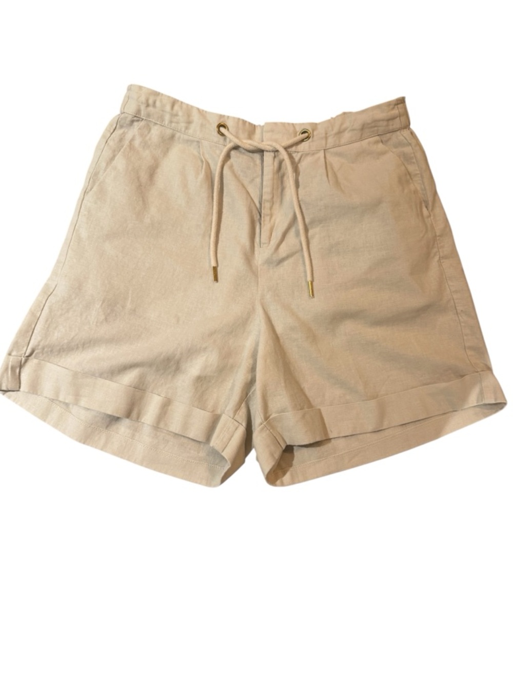 Nine West Beige Drawstring Linen-Blend Shorts, L